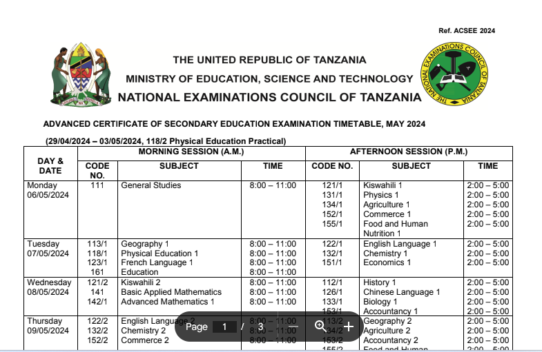 NECTA Form Six Examinations Timetable 2024