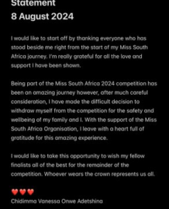 Miss SA’s Chidimma Adetshina Drops Out of Pageant, Issues Statement: “For the Safety of My Family”  