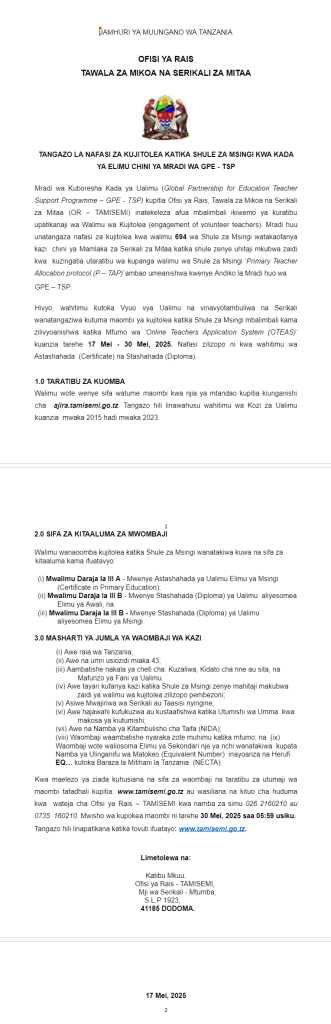 Nafasi za Ajira za Kujitolea Tamisemi